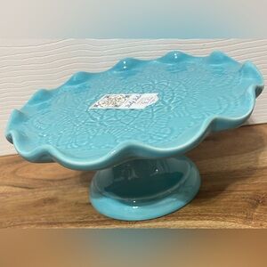 Jessica Maioliche Cake Stand Blue Turquoise 8” Ceramic Scalloped Italy NEW